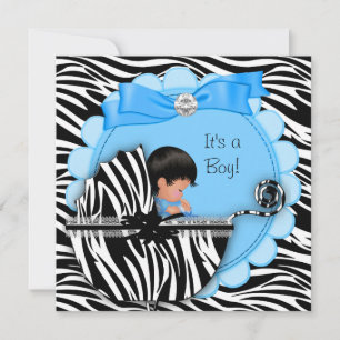 Invitation Baby Shower Mignon Bébé Garçon Bleu Zèbre Poussett