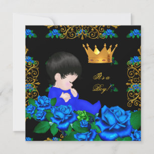 Invitation Baby shower mignon Bleu Gold Boy Prince Crown 9