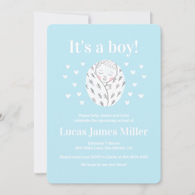 Invitation Baby shower mignon coeur garçon bleu dessin invita (Devant)