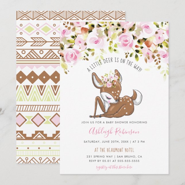 Invitation Baby shower mignon de cerfs communs de bébé et de (Devant / Derrière)
