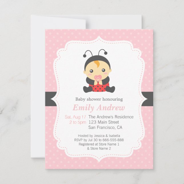 Invitation Baby shower mignon de fille de coccinelle de pois (Devant)