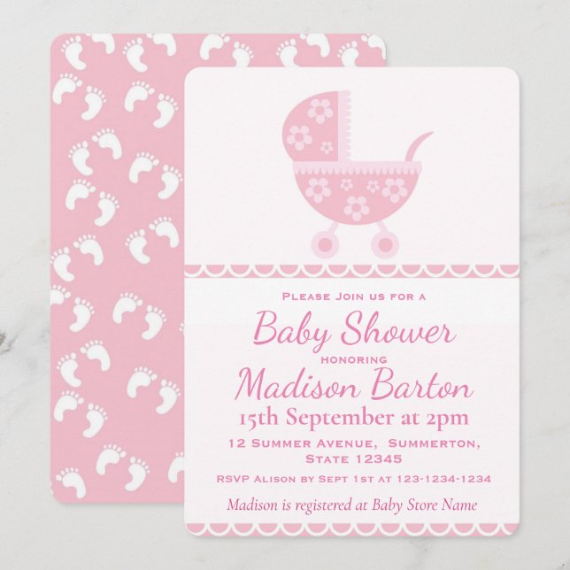 Invitation Baby shower mignon de fille de landau rose (Devant / Derrière)