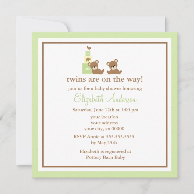 Invitation Baby shower mignon de jumeaux d'ours (Devant)