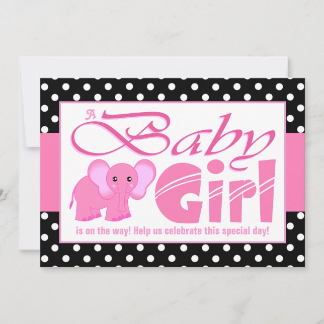 Invitation Baby shower mignon de pois de noir d'éléphant rose (Devant)