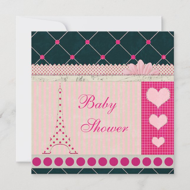 Invitation Baby shower mignon de pois de rose de Tour Eiffel (Devant)