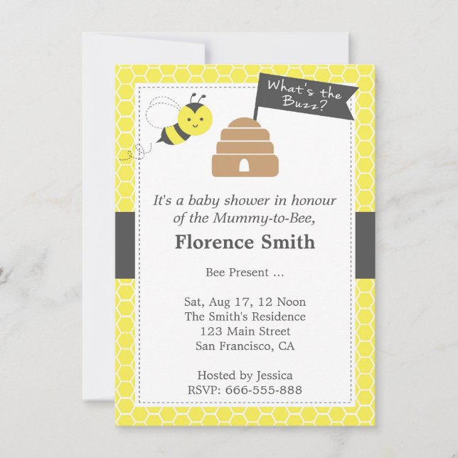 Invitation Baby shower mignon de thème d'abeille dans jaune (Devant)