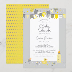 Invitation Baby shower mignon gris jaune moderne drapeaux