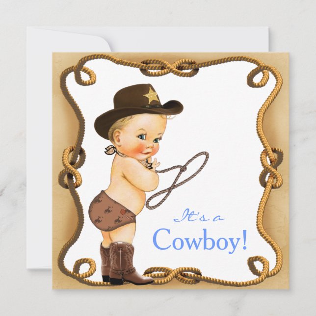 Invitation Baby shower mignon Little Cowboy (Devant)