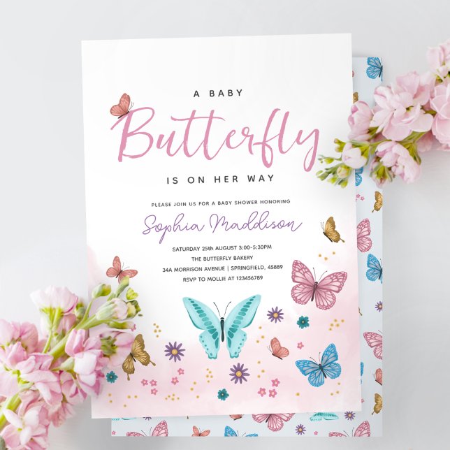 Invitation Baby shower mignon papillon rose blanc (Créateur téléchargé)
