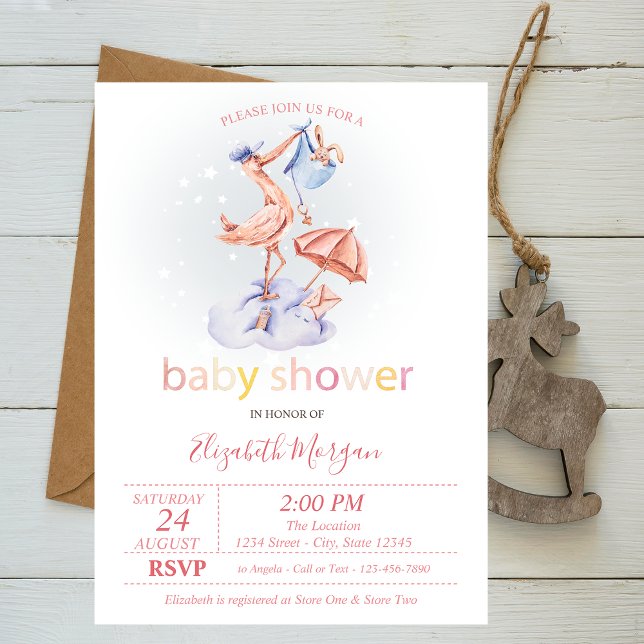 Invitation Baby shower mignon pointillé de la cigogne (Créateur téléchargé)