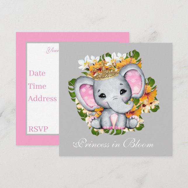 Invitation baby shower mignon Princesse fleur éléphant (Devant / Derrière)