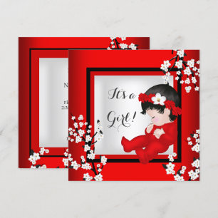 Invitation Baby Shower Mignonne Bébé Fille Fleur Rouge Noir C