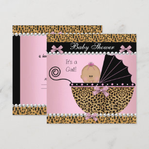 Invitation Baby shower mignonne bébé fille léopard rose