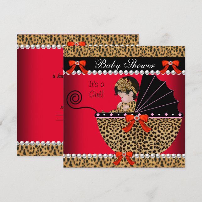 Invitation Baby shower mignonne bébé fille léopard rouge Bow (Devant / Derrière)