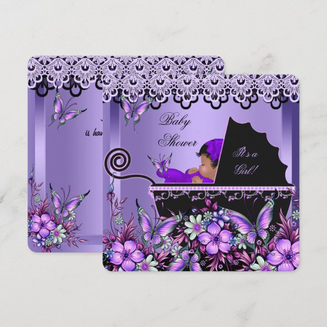 Invitation Baby shower mignonne Bébé Fille pourpre Papillon 3 (Devant / Derrière)