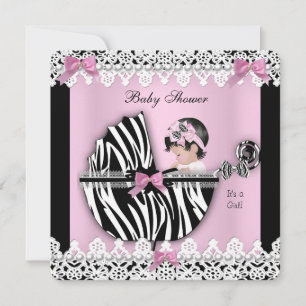 Invitation Baby shower mignonne bébé fille rose Zèbre dentell