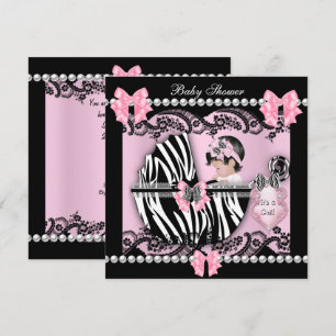 Invitation Baby Shower Mignonne Bébé Fille Rose Zèbre Dentell