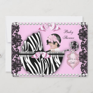 Invitation Baby Shower Mignonne Bébé Fille Rose Zèbre Pousset