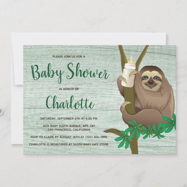 Invitation Baby shower mignonne Sloth Rustic Green Wood Photo (Devant)