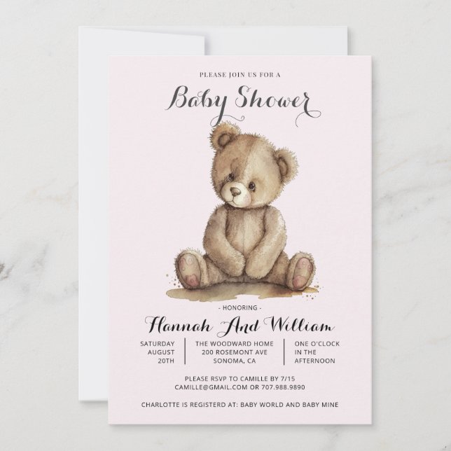 Invitation Baby shower mignonne Teddy Bear rose bébé fille (Devant)