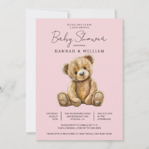 Invitation Baby shower mignonne Teddy Bear rose bébé fille
