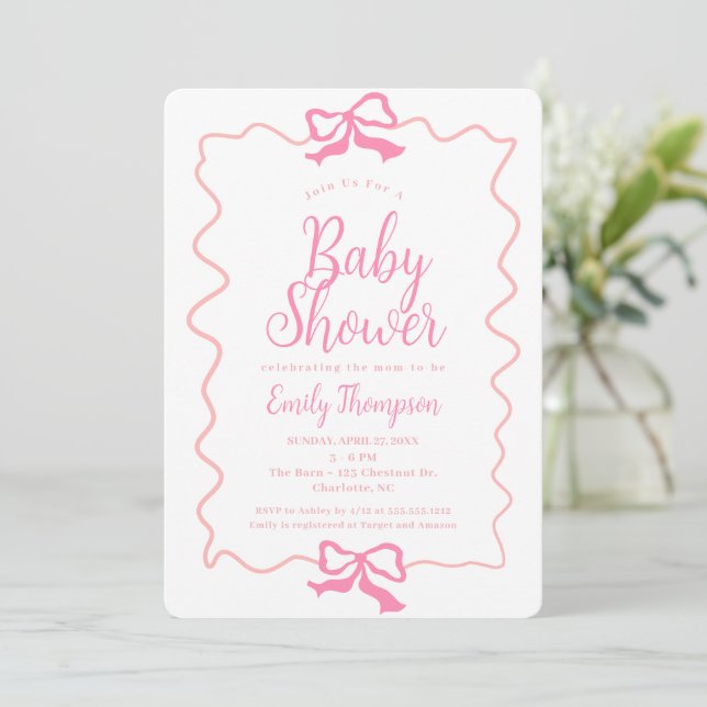 Invitation Baby shower minimal pour fille Doodle Rose Coquett (Debout devant)
