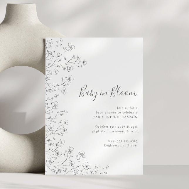 Invitation Baby shower minimaliste Boho noir blanc Floral Art (Créateur téléchargé)