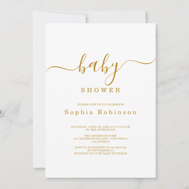 Invitation Baby shower minimaliste de calligraphie dorée mode (Devant)