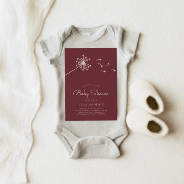 Invitation Baby shower minimaliste Dendelion Maroon (Créateur téléchargé)