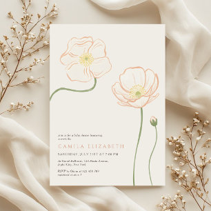 Invitation Baby Shower Minimaliste Fleur de Pavot Rose Pêche 