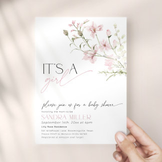 Invitation Baby-Shower Minimaliste Fleur Rose 'Bébé en Fleur'