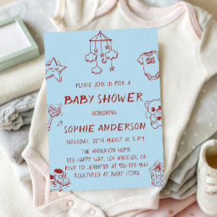 Invitation Baby Shower Minimaliste Mignon Bleu et Rouge à mot