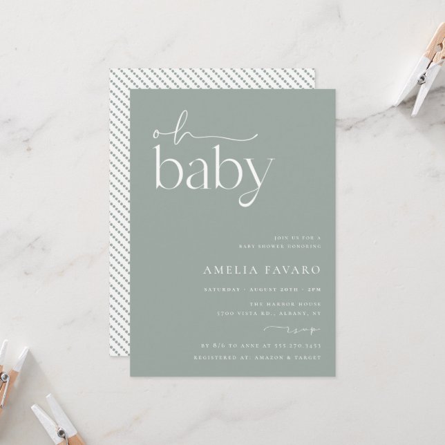 Invitation Baby shower minimaliste Vert Sage (Devant/Arrière en situation)