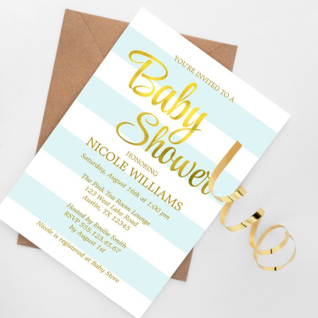 Invitation Baby shower Mint Green et Faux Gold Stripes (Créateur téléchargé)