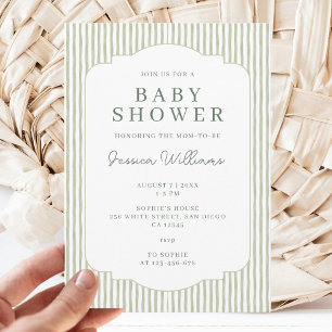 Invitation Baby Shower Mixte avec des Rayures Vert Sauge