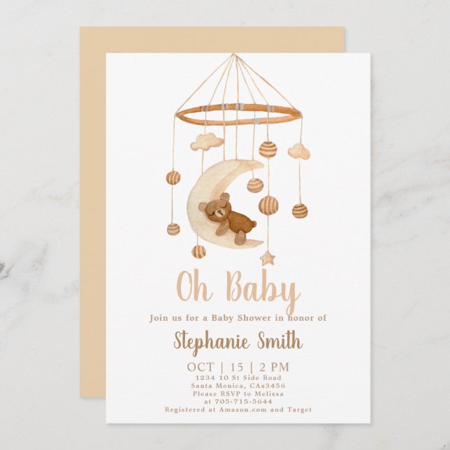 Invitation Baby shower mobile Boho Bear (Devant / Derrière)