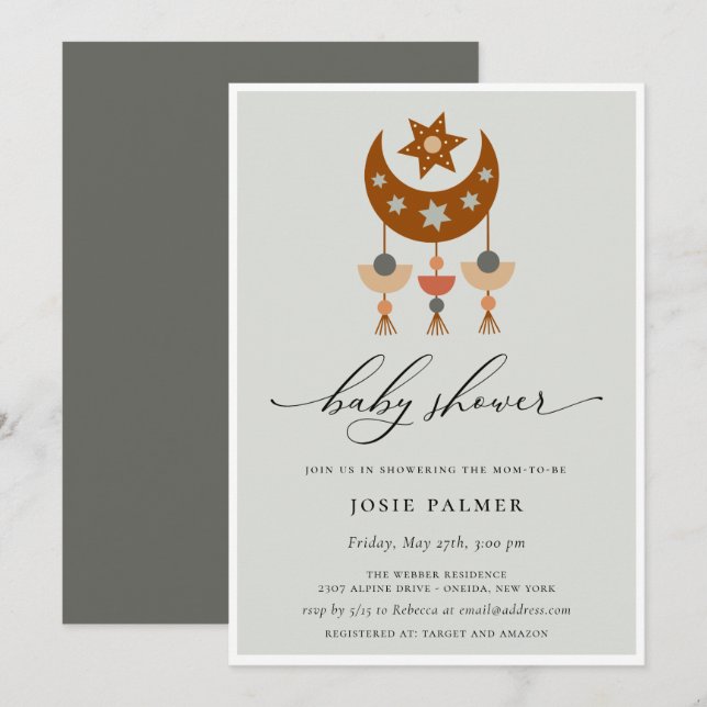 Invitation Baby shower mobile Earthouse Bohemian Moon (Devant / Derrière)