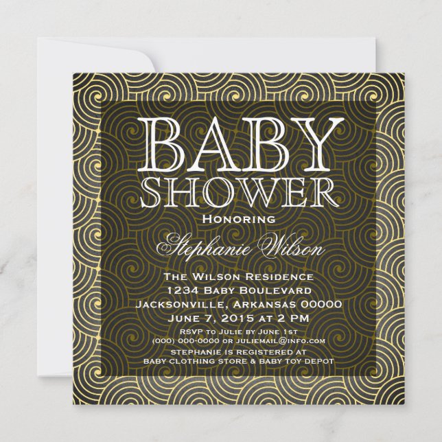 Invitation Baby shower Mod Swirls, Jaune (Devant)
