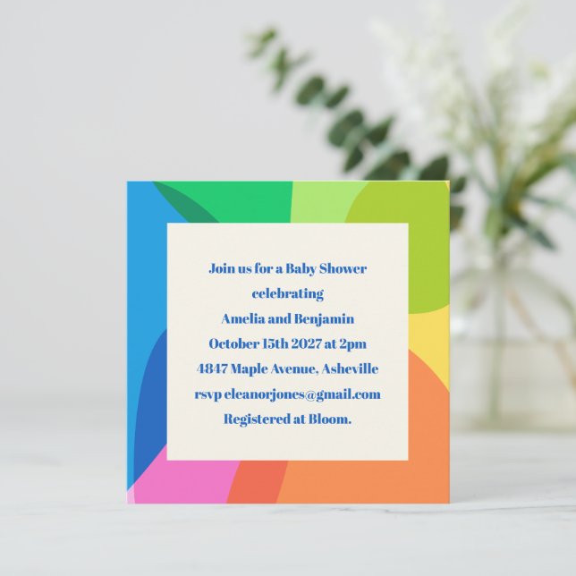 Invitation Baby shower Modèle Carré moderne coloré (Debout devant)