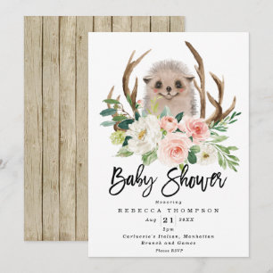 Invitation baby shower moderne à fleurs rustiques de hedgehog
