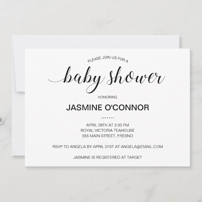 Invitation Baby shower moderne à script noir (Devant)