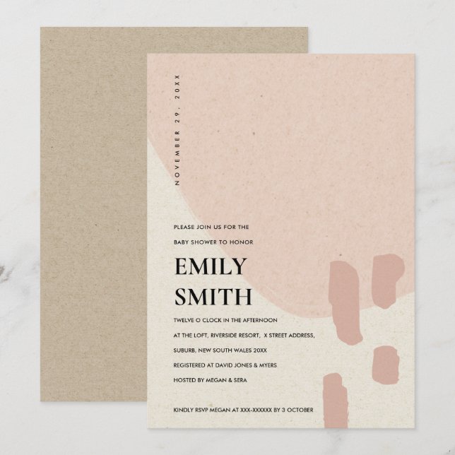 INVITATION BABY SHOWER MODERNE ABSTRAIT DOUX BLUSH (Devant / Derrière)