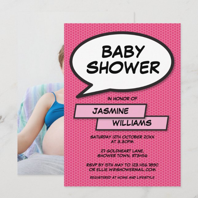 Invitation Baby shower moderne amusant photo bébé fille rose (Devant / Derrière)