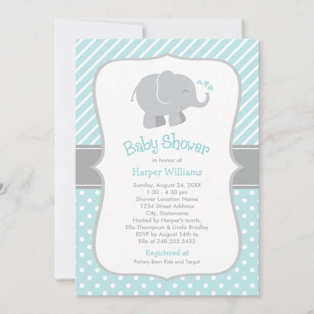 Invitation Baby shower moderne Aqua et Grey Elephant Boy (Devant)