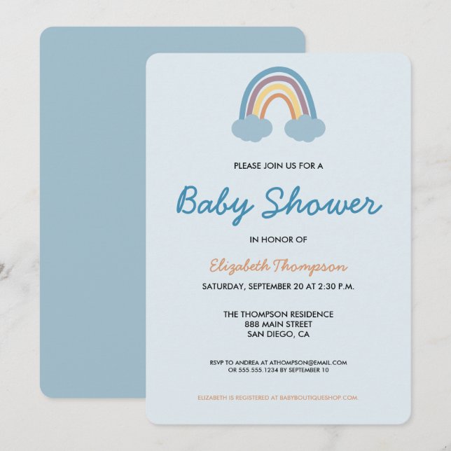 Invitation Baby shower moderne bébé bleu Rainbow (Devant / Derrière)
