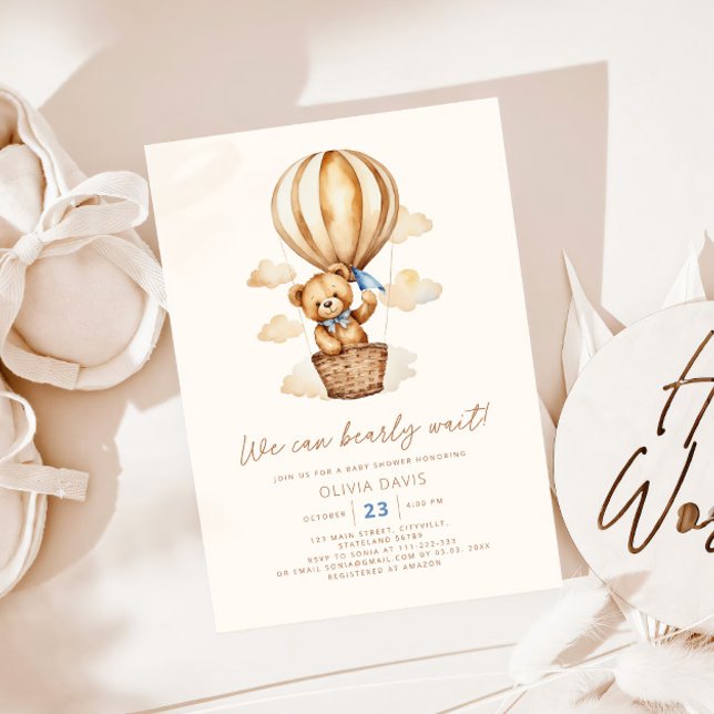 Invitation Baby shower moderne Beige Bear Boy (Créateur téléchargé)