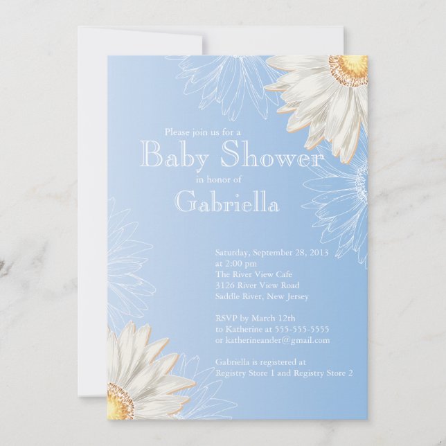 Invitation Baby shower moderne bleu et blanc Gerbera Daisy (Devant)