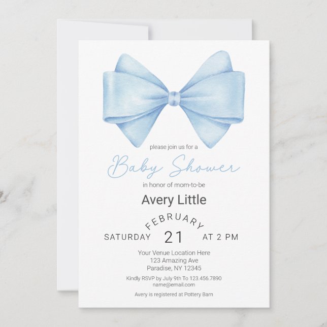 Invitation Baby shower moderne Blue Bow Boy (Devant)