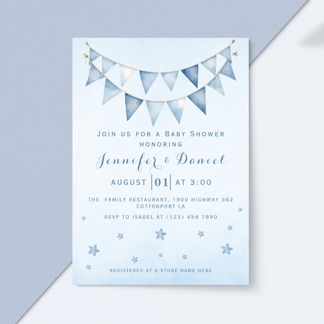 Invitation Baby shower moderne Blue Starry Sky Pennant Bunant (Créateur téléchargé)