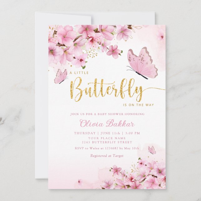 Invitation Baby shower moderne Boho rose floral papillon fill (Devant)